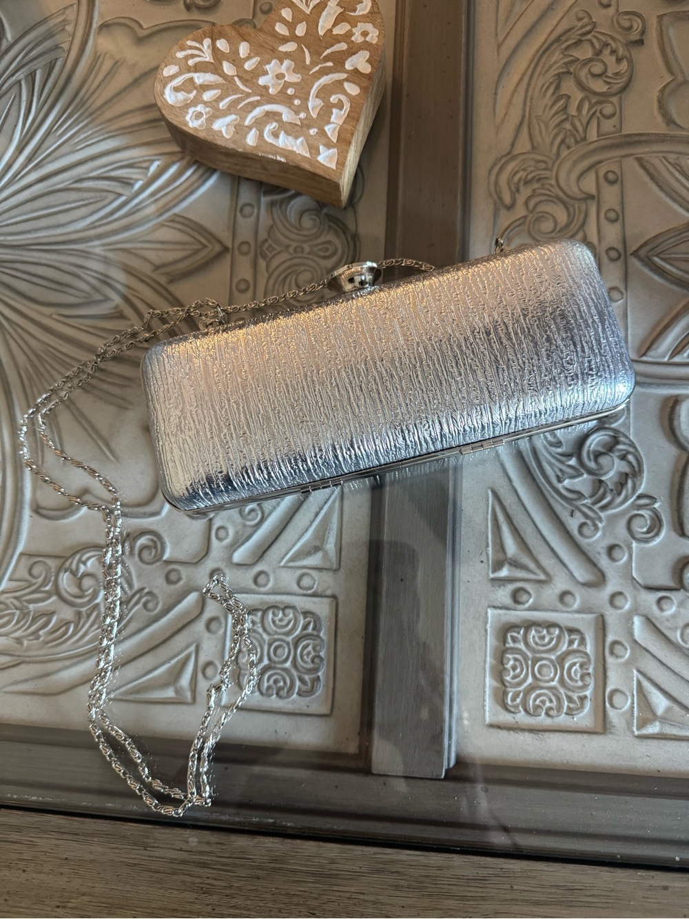 Metallic Silver Textured Evening Clutch with Chain Strap